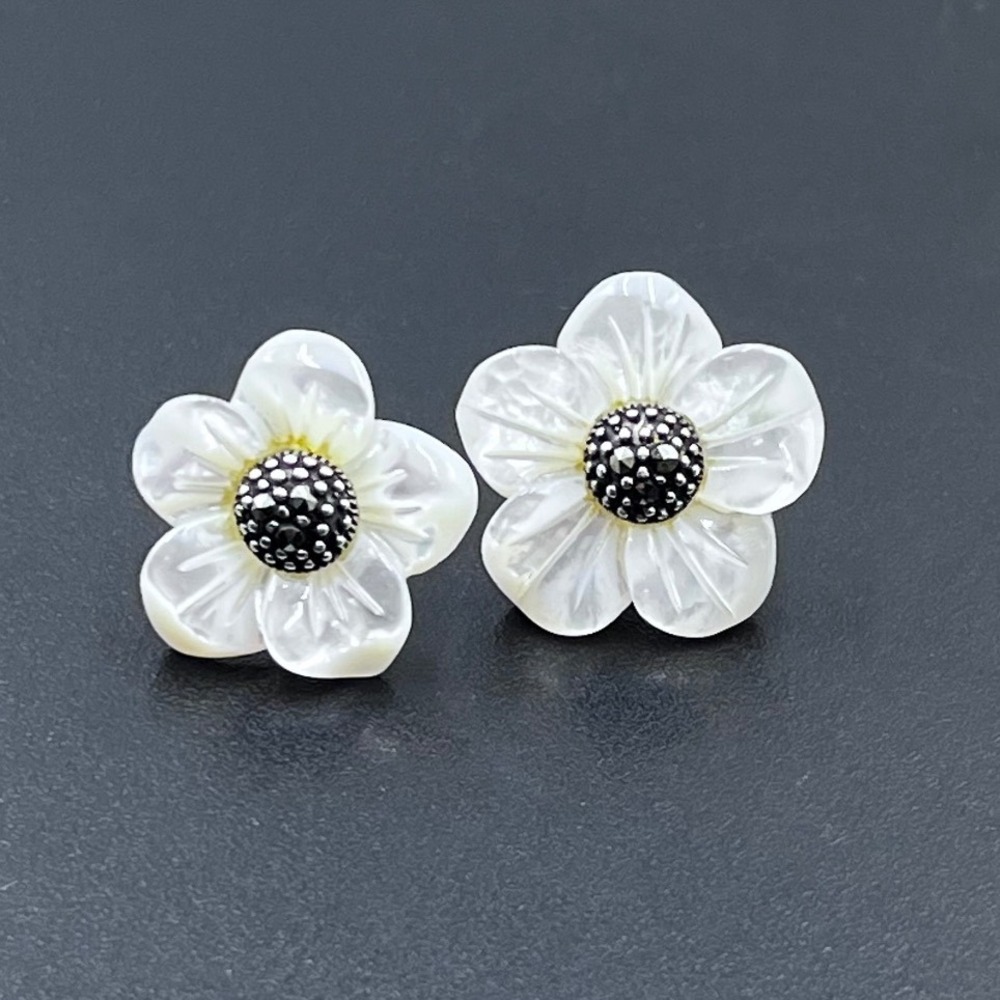 Mother of Pearl Petal Flower Marcasite Earrings Sterling silver
